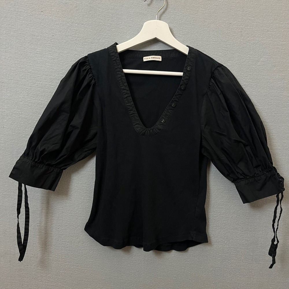 Ulla Johnson Black Ribbed Mixed Media Puff Sleeve Tie Cuff Top XL RN105177